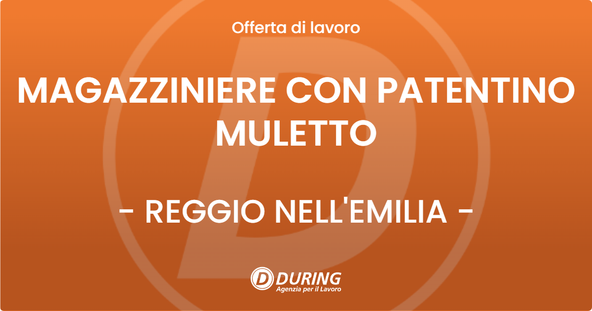 OFFERTA LAVORO - MAGAZZINIERE CON PATENTINO MULETTO - REGGIO NELL'EMILIA