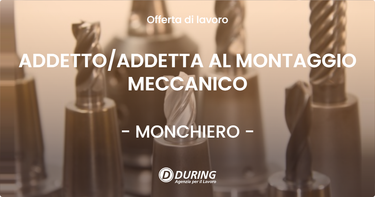 OFFERTA LAVORO - ADDETTOADDETTA AL MONTAGGIO MECCANICO - MONCHIERO
