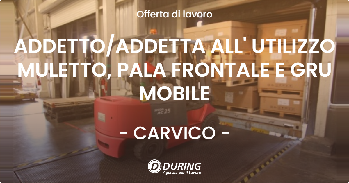 OFFERTA LAVORO - ADDETTO/ADDETTA ALL' UTILIZZO MULETTO, PALA FRONTALE E GRU MOBILE - CARVICO (BG)