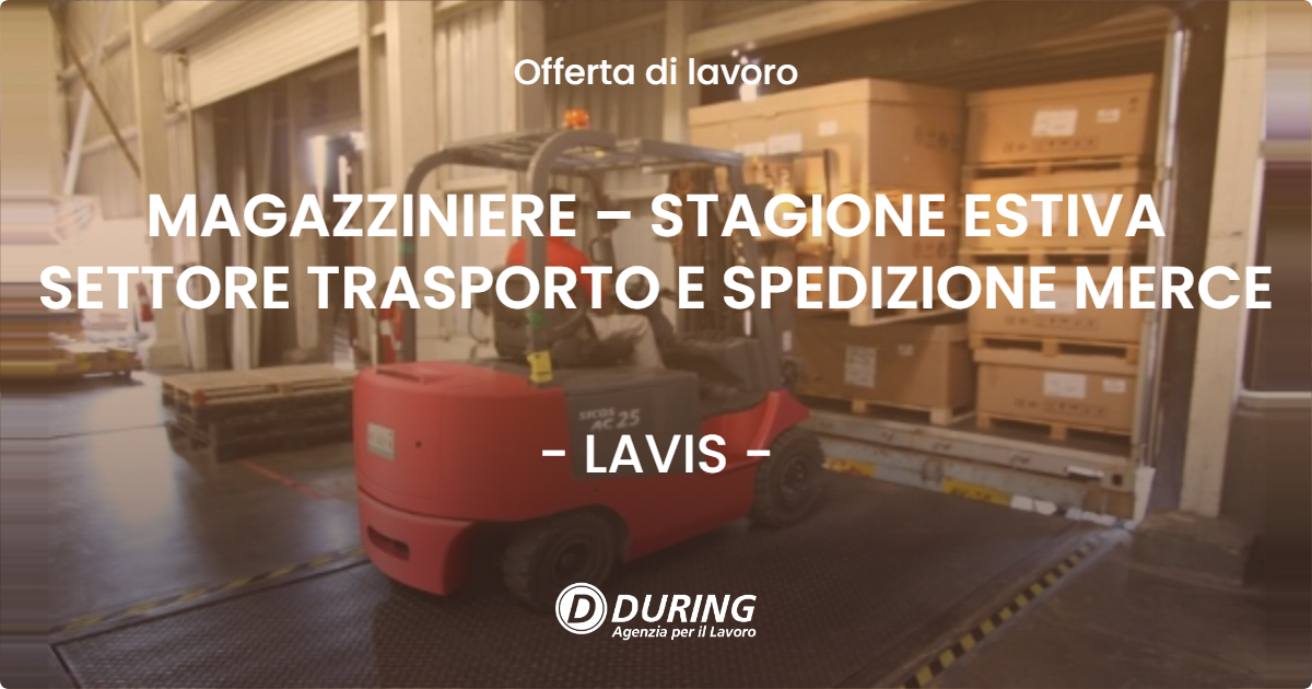 OFFERTA LAVORO - MAGAZZINIERE – STAGIONE ESTIVA SETTORE TRASPORTO E SPEDIZIONE MERCE - LAVIS (TN)