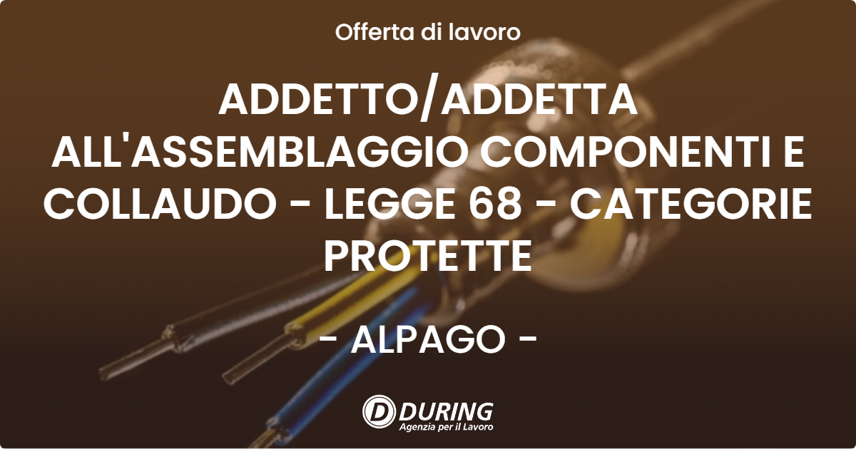 OFFERTA LAVORO - ADDETTOADDETTA ALL'ASSEMBLAGGIO COMPONENTI E COLLAUDO - LEGGE 68 - CATEGORIE PROTETTE - ALPAGO