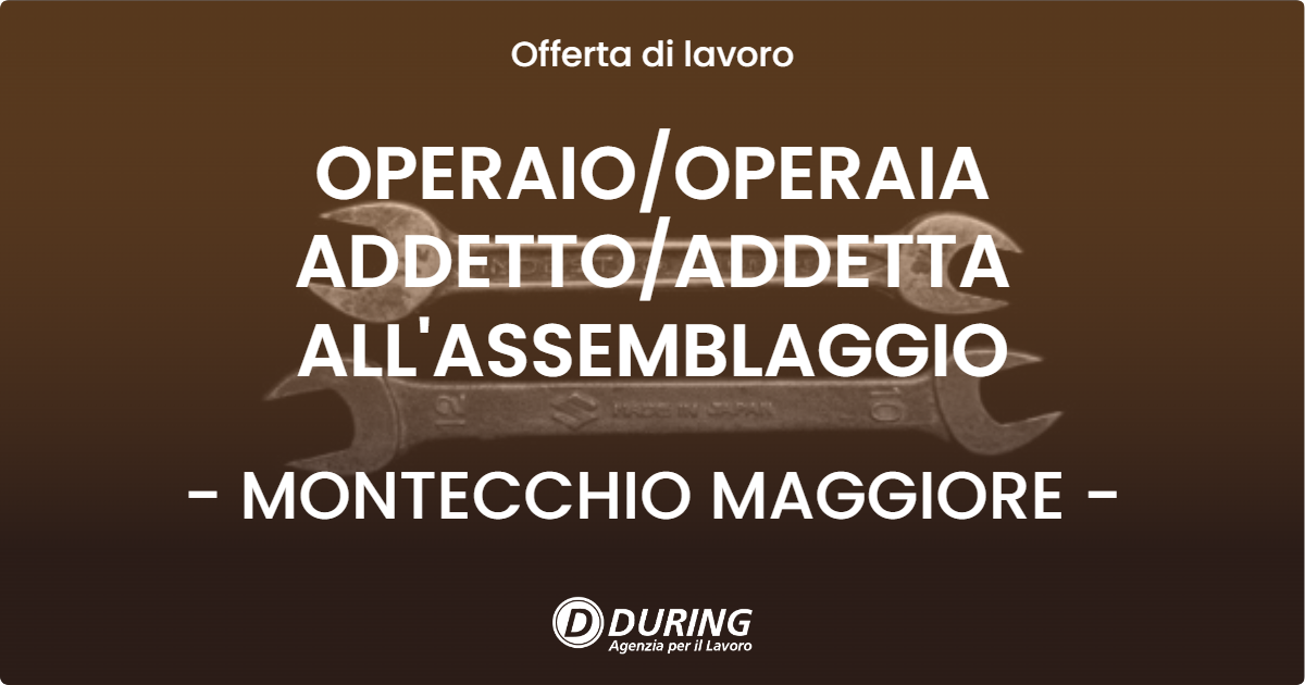 OFFERTA LAVORO - OPERAIO/OPERAIA ADDETTO/ADDETTA ALL'ASSEMBLAGGIO - MONTECCHIO MAGGIORE (VI)