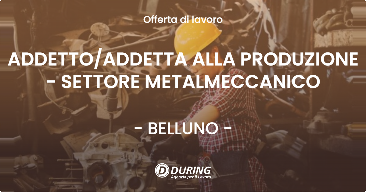 OFFERTA LAVORO - ADDETTO/ADDETTA ALLA PRODUZIONE - SETTORE METALMECCANICO - BELLUNO (BL)