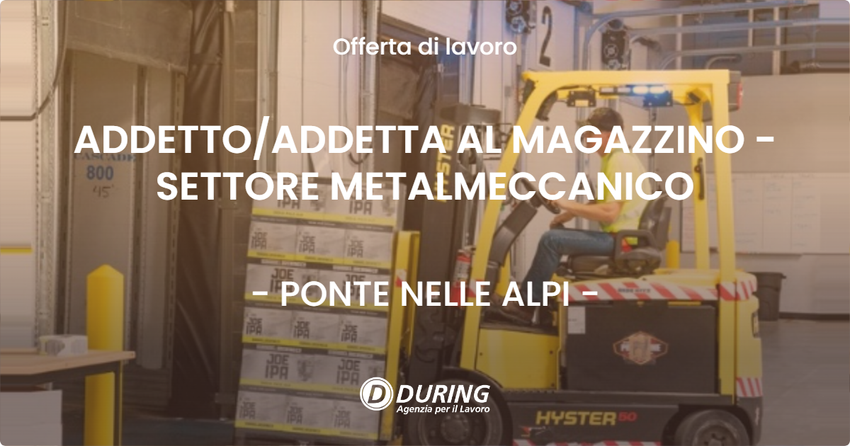 OFFERTA LAVORO - ADDETTO/ADDETTA AL MAGAZZINO - SETTORE METALMECCANICO - PONTE NELLE ALPI (BL)