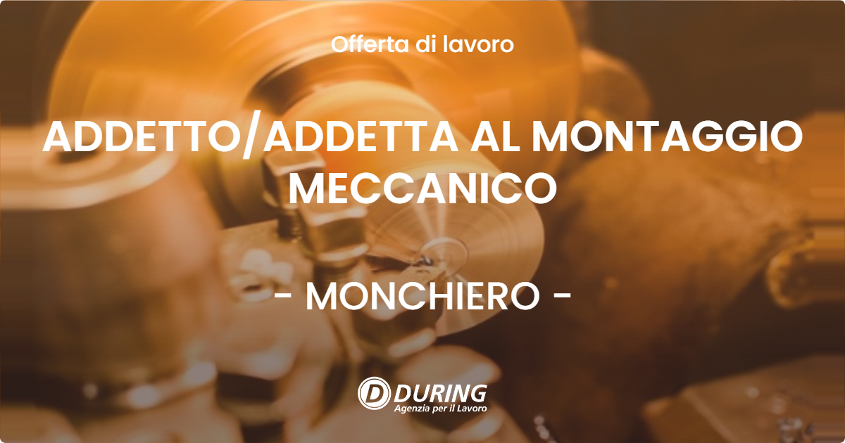 OFFERTA LAVORO - ADDETTOADDETTA AL MONTAGGIO MECCANICO - MONCHIERO