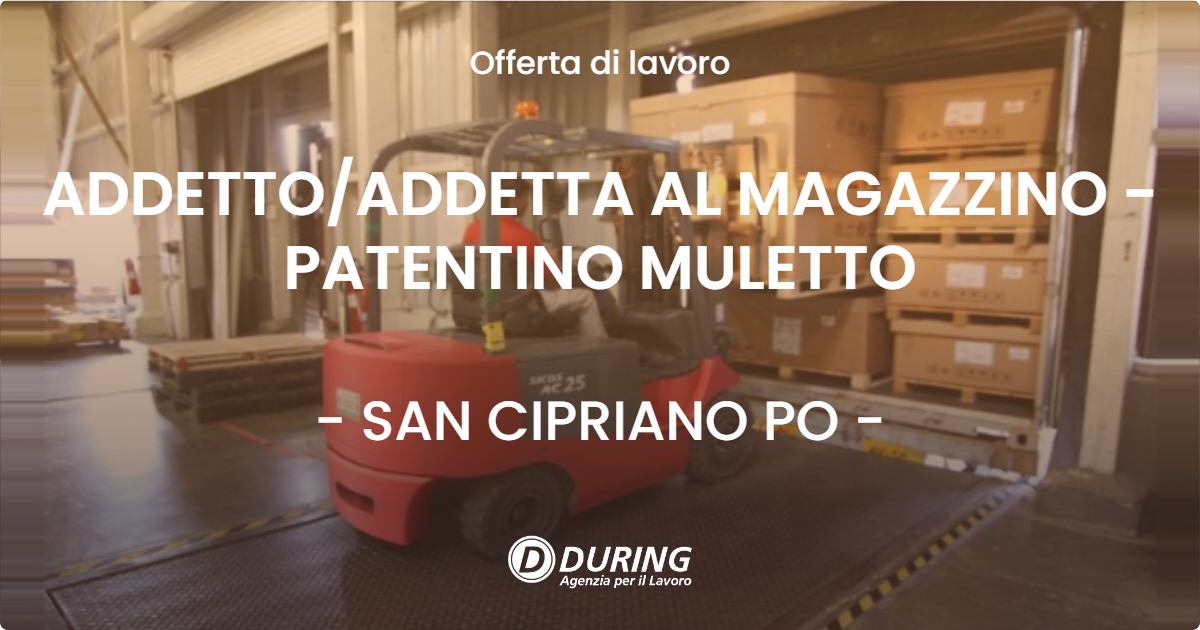 OFFERTA LAVORO - ADDETTOADDETTA AL MAGAZZINO - PATENTINO MULETTO - SAN CIPRIANO PO