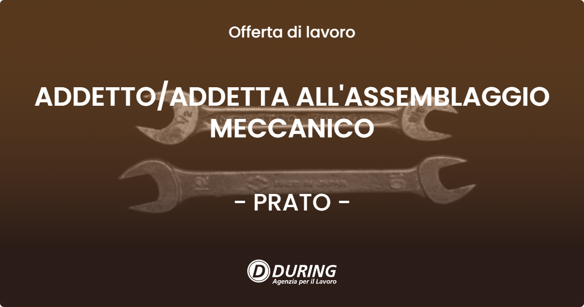 OFFERTA LAVORO - ADDETTO/ADDETTA ALL'ASSEMBLAGGIO MECCANICO - PRATO (PO)