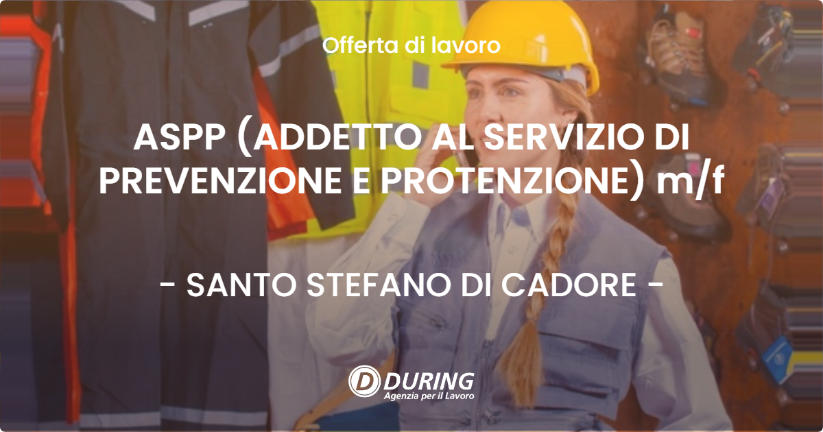OFFERTA LAVORO - ASPP (ADDETTO AL SERVIZIO DI PREVENZIONE E PROTENZIONE) m/f - SANTO STEFANO DI CADORE (BL)