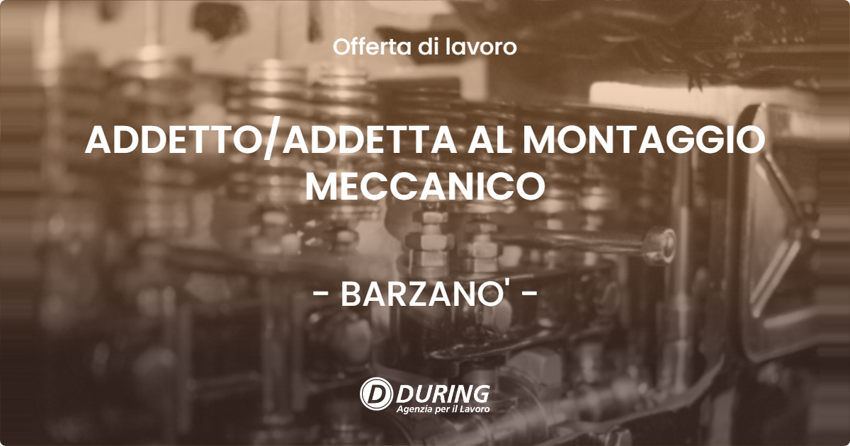 OFFERTA LAVORO - ADDETTO/ADDETTA AL MONTAGGIO MECCANICO - BARZANO' (LC)