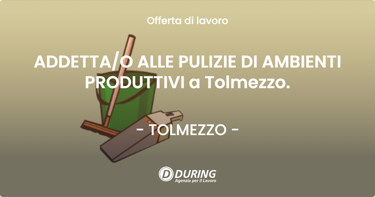 OFFERTA LAVORO - ADDETTA/O ALLE PULIZIE DI AMBIENTI PRODUTTIVI a Tolmezzo. - TOLMEZZO (UD)