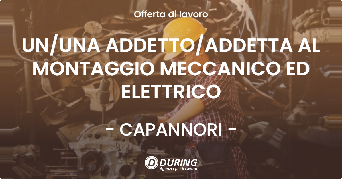 OFFERTA LAVORO - UN/UNA ADDETTO/ADDETTA AL MONTAGGIO MECCANICO ED ELETTRICO - CAPANNORI (LU)