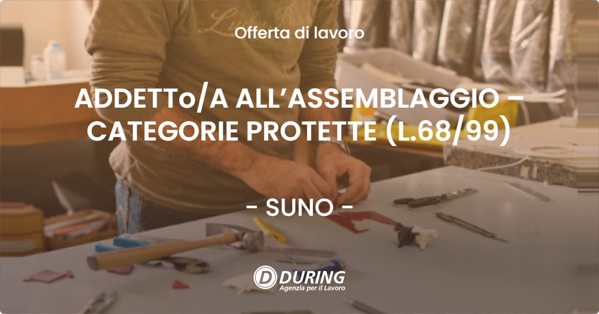 OFFERTA LAVORO - ADDETTo/A ALL’ASSEMBLAGGIO – CATEGORIE PROTETTE (L.68/99) - SUNO (NO)