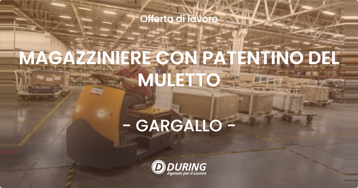 OFFERTA LAVORO - MAGAZZINIERE CON PATENTINO DEL MULETTO - GARGALLO (NO)