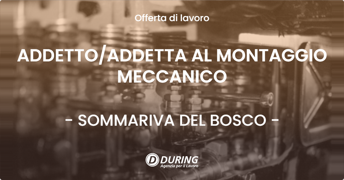 OFFERTA LAVORO - ADDETTO/ADDETTA AL MONTAGGIO MECCANICO - SOMMARIVA DEL BOSCO (CN)
