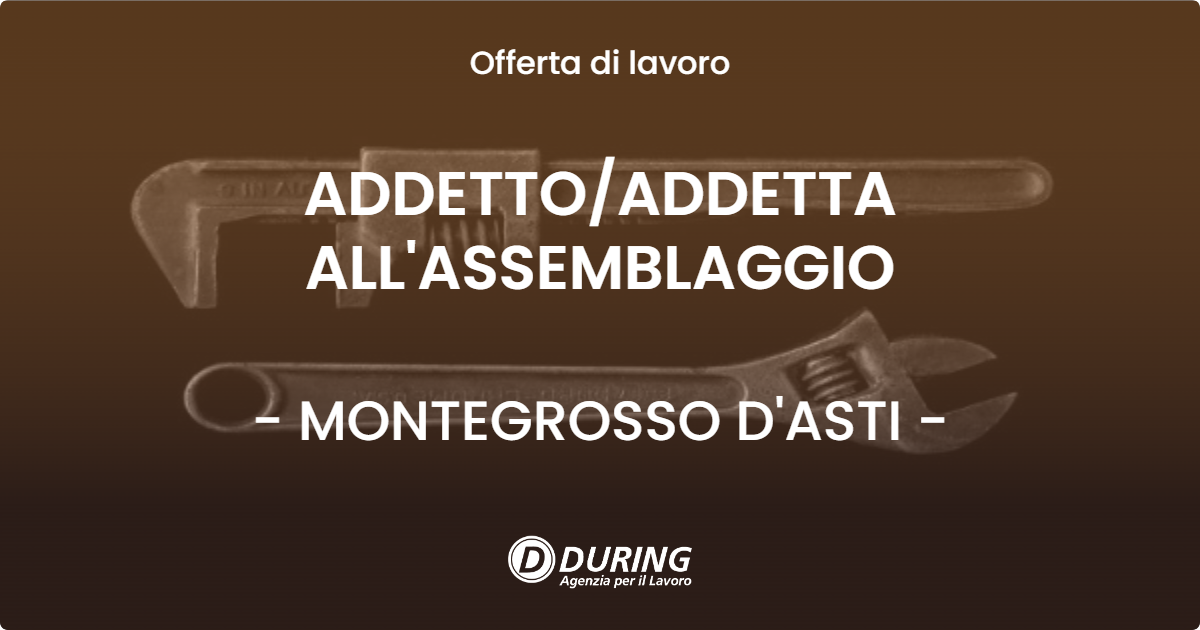 OFFERTA LAVORO - ADDETTO/ADDETTA ALL'ASSEMBLAGGIO - MONTEGROSSO D'ASTI (AT)